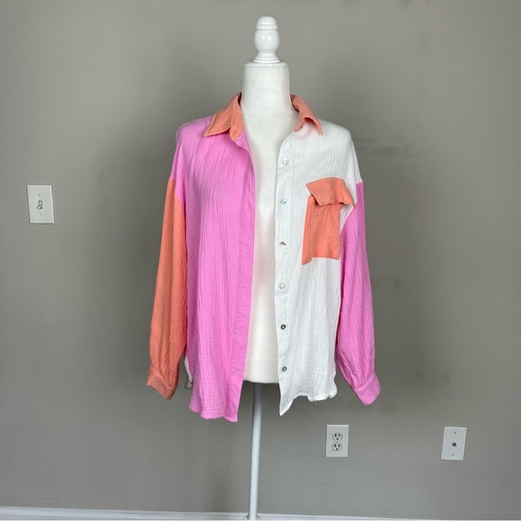 ENTRO COLOR BLOCK BUTTON UP COLLARED COTTON GAUZY TOP SIZE SMALL - Picture 3 of 15